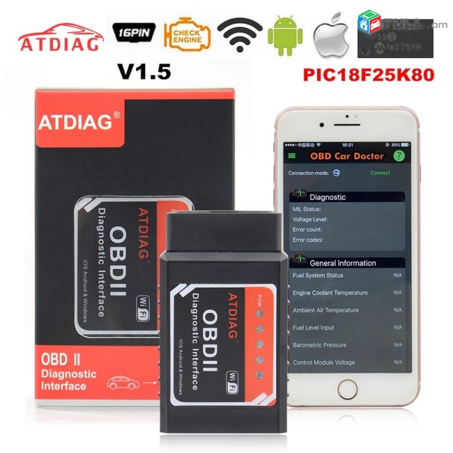 Vacharvum e meqenayi diagnostikayi aparat elm327 obd2 1.5v wifi 2025tiv